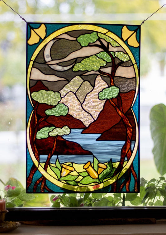 Elegant Art Nouveau Stained Glass Panel 🌿✨ – Handcrafted Landscape Masterpiece