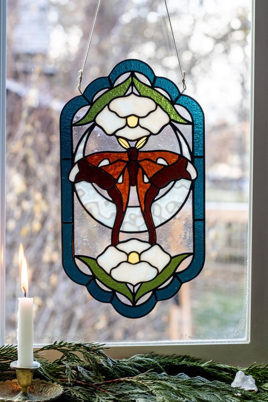 Hercules Moth & Crescent Moon Stained Glass Suncatcher 🌙🦋 – Handcrafted Art