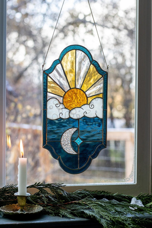 Celestial Handcrafted Suncatcher 🌞🌙🌟 – Sun, Moon & Star Stained Glass Art