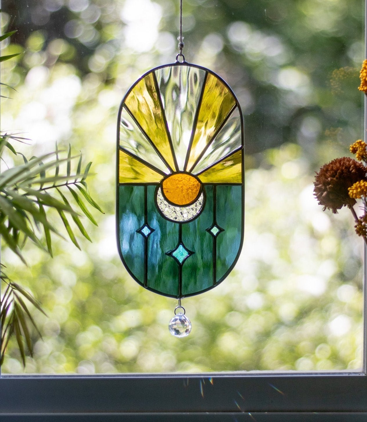 Celestial Handcrafted Suncatcher 🌞🌙🌟 – Sun, Moon & Star Stained Glass Art