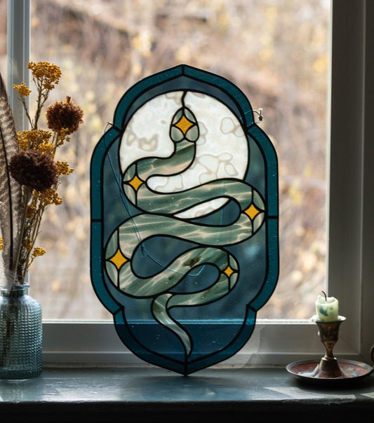 Green Snake & Stars Stained Glass Suncatcher ✨🐍 – Handmade Celestial Art